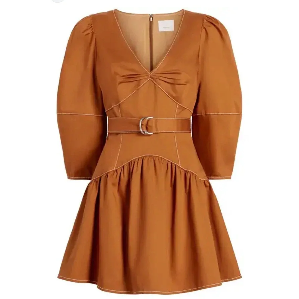 Cinq a Sept Khloe Mini Dress Ochre Brown Contrast Stitch Puff Sleeve Belted 12 - Picture 1 of 10